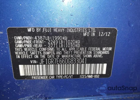 2013 Subaru Impreza Wrx Premium from USA, damaged, VIN JF1GR7E66DG833041